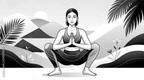 Woman performing deep squat yoga pose in mountain landscape