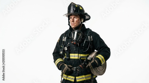 Firefighter in full protective gear holding a fire hose