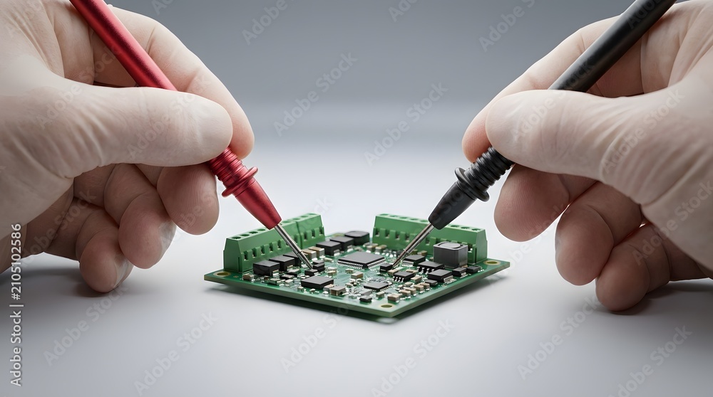 Naklejka premium Technician Testing Electronic Circuit Board with Multimeter Probes.