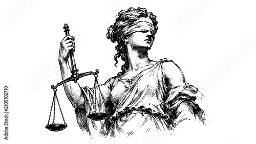 Classical legal artwork depicting Lady Justice with scales and a blindfold, symbolizing fairness, equality, law, truth, and impartial judgment.