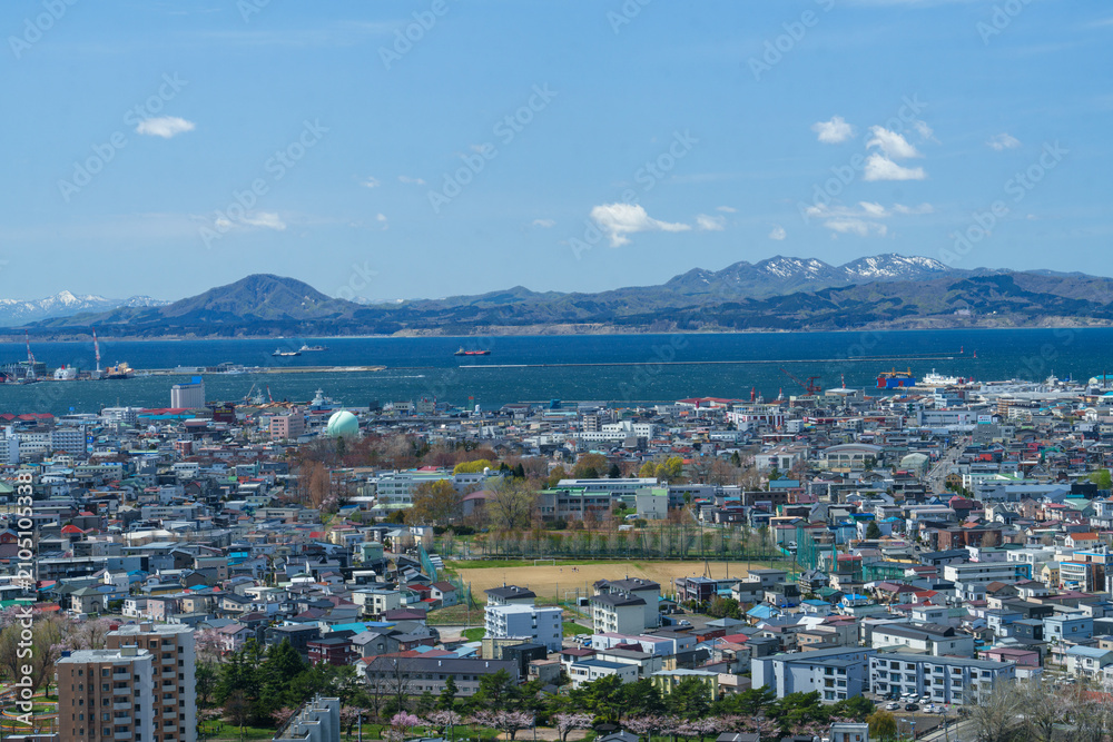 Fototapeta premium Panoramic view of Hakodate city and Hakodate Bay from Goryokaku Tower, Hokkaido, Japan
