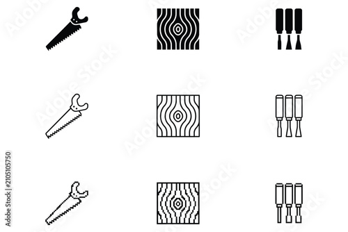Photos Set of woodworking icons featuring hand saws, wood grain patterns, and chisels i