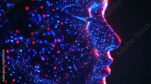 Digital face, glowing particles