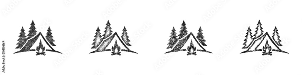 Obraz premium Monochrome sketch camping logo design set