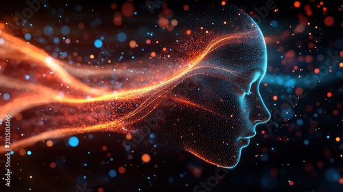 Digital profile of a face, glowing with orange-blue energy, surrounded by particles