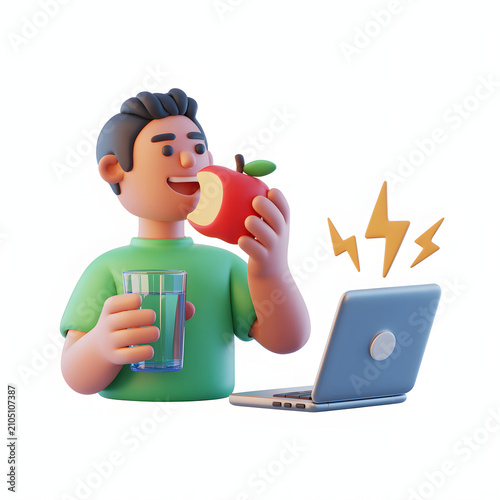Man Eating Apple Staying Energized While Working on Laptop