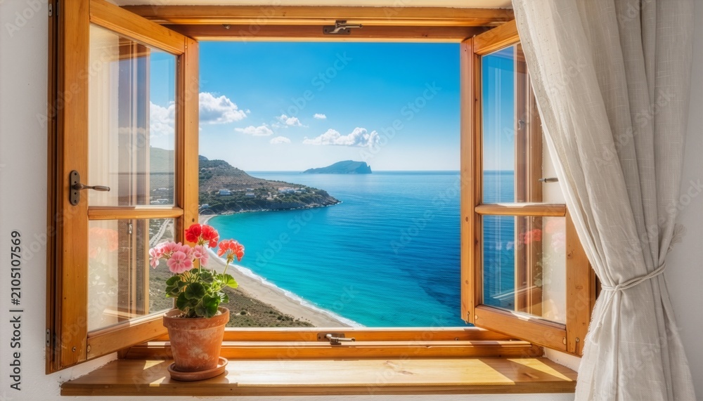 Fototapeta premium Open window with potted geraniums frames sweeping view of coastline, sea, and distant island.