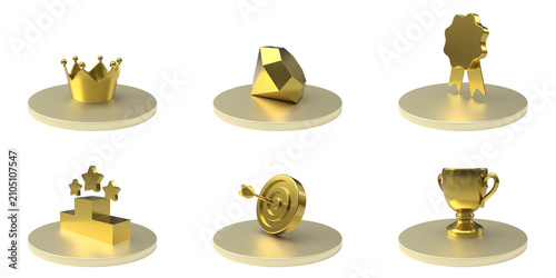 Quadro su tela 3D success icon set featuring crown, diamond, badge, winners podium, target, trophy