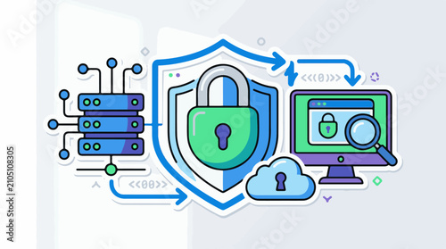 Digital security with servers shield lock and computer