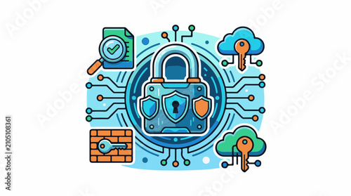 Digital security with a lock key and data protection icons