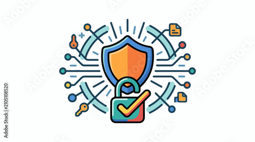 Digital security shield with unlocked padlock and circuit board