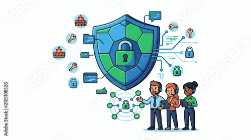 Digital security shield with team and network icons
