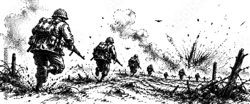Dynamic military combat scene featuring soldiers advancing through an active battlefield, suitable for war, defense, strategy, conflict, and historical concepts.