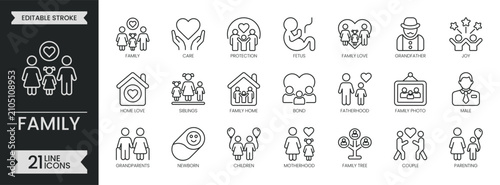 Family outline icon set. Containing parenting, mother, father, grandmother, grandfather, generation, child, love, care, baby, newborn, couple and more. Editable stroke icons pack. Vector illustration