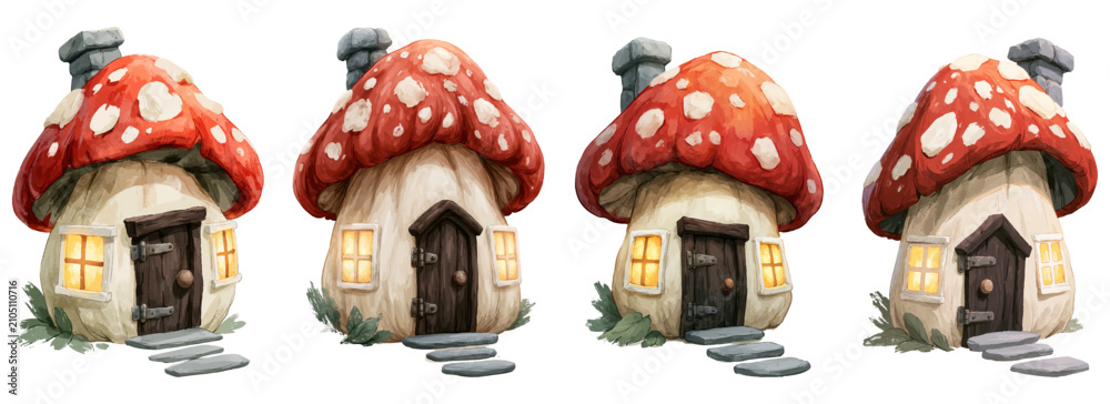 Obraz premium Fantasy mushroom houses in a row with glowing yellow windows and red spotted caps, creating a whimsical fairytale village theme on a white background
