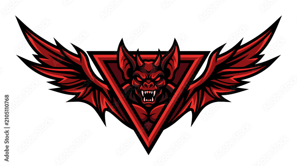 Fototapeta premium Aggressive Red Bat Demon Emblem with Sharp Wings.