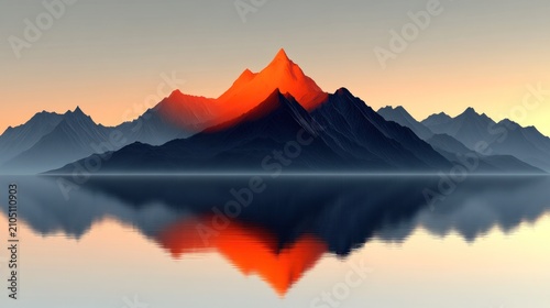 Fiery mountain peak reflected in calm water at sunrise