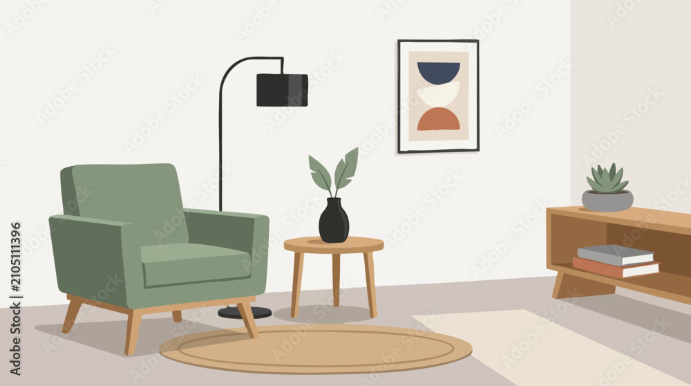 Fototapeta premium Modern minimalist living room interior with armchair, plants, and decor