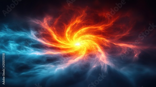 Fiery vortex of swirling, contrasting blue and orange energy
