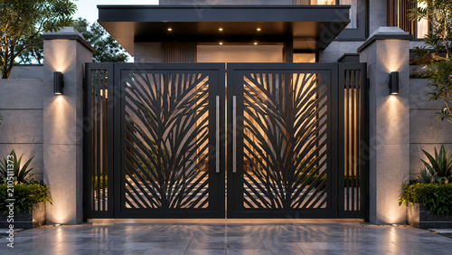 Luxury Modern Laser Cut Steel Main Gate with Contemporary Residential Entrance and Elegant Architectural Design