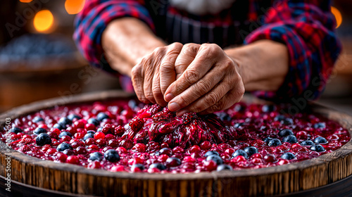 Hands mashing ripe berries in a wooden vat, preparing fruit for preservation