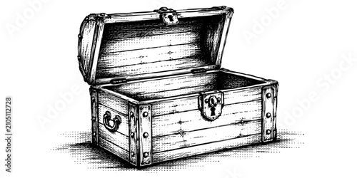 Detailed engraved illustration of an open wooden treasure chest with metal hardware and antique lock, capturing a classic storage container with vintage craftsmanship and rustic character.