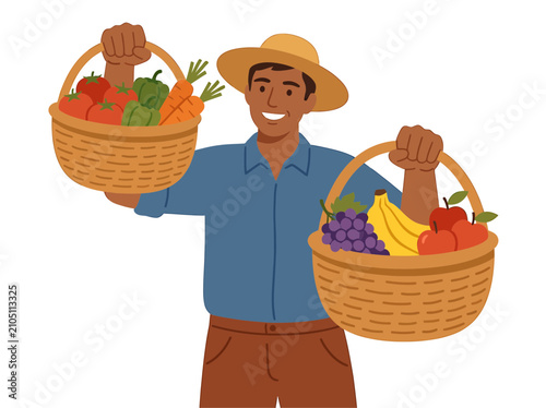 Happy farmer holding baskets of fresh organic vegetables and fruits, cheerful harvest illustration