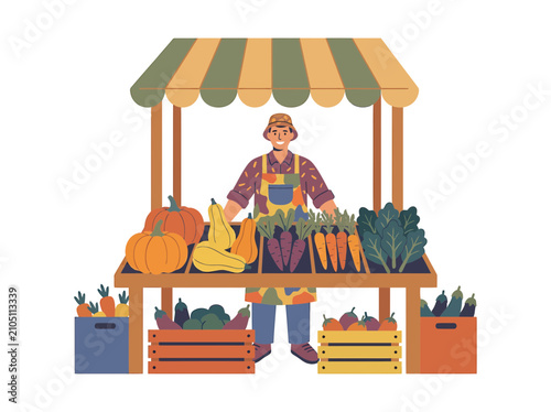 Friendly farmer selling fresh seasonal produce at an outdoor market stall with pumpkins, carrots, and greens