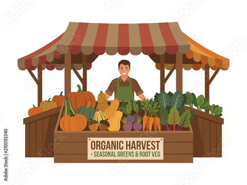 Illustrated farmer selling organic seasonal vegetables at a market stall with fresh produce display