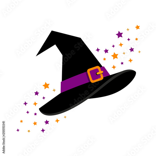 Illustrated magic witch hat with colorful starburst effect, fantasy and Halloween design