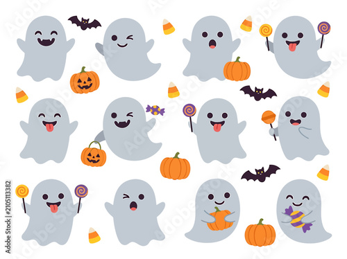 Halloween-themed cartoon ghosts with candy, pumpkins, and bats flat illustration vector set
