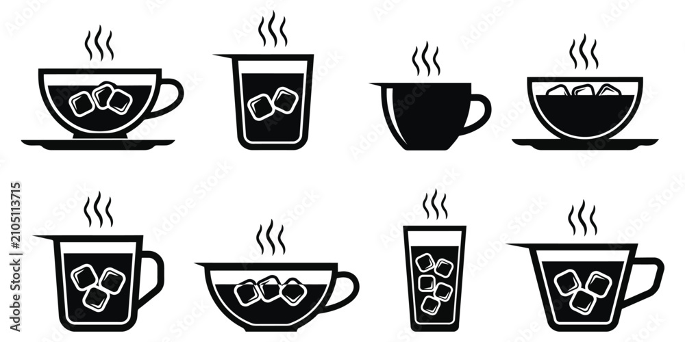 Fototapeta premium Hot Chocolate steaming cups filled with marshmallows in cozy mugs, warm winter beverage silhouette vector illustration for seasonal holiday design