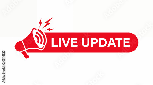 Red live update banner with megaphone icon, breaking news alert vector, digital media badge