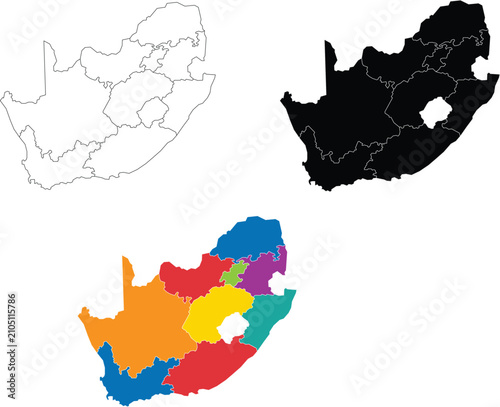 South Africa Provinces Map Vector, Administrative Map of South Africa with Provincial Boundaries Outline, Silhouette and Color Regions