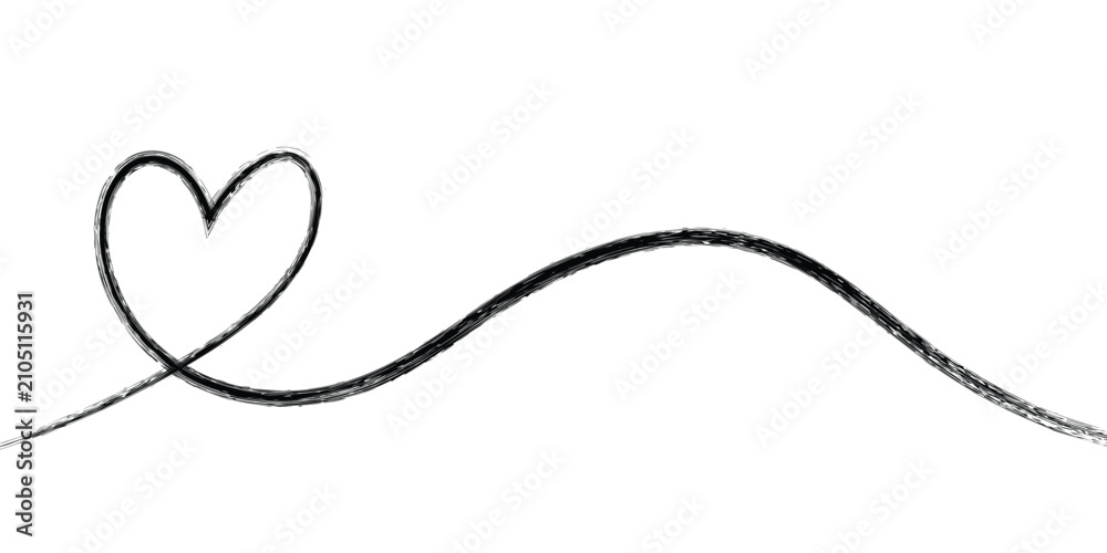 Obraz premium Continuous line drawing of black heart symbol with flowing tail against plain white background for minimalist design