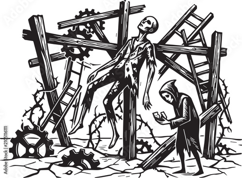 Dark fantasy illustration of a skeleton tied to a wooden structure with a hooded figure