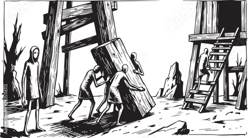 Schilderij op canvas Ancient workers building a wooden structure in a historical setting