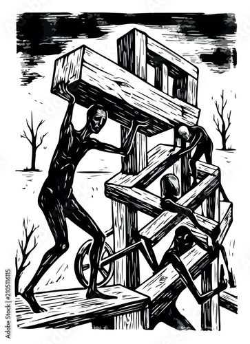 Group of people working together to build a wooden structure
