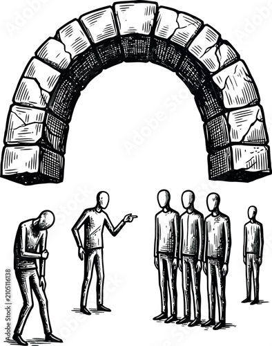 Group of people standing under a stone archway illustration
