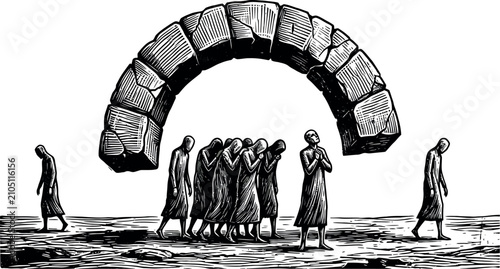 Group of people walking under a stone archway illustration