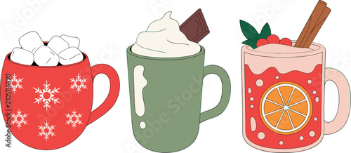 Cozy winter hot drinks collection, festive beverages for holiday, cafe and seasonal illustration designs vector