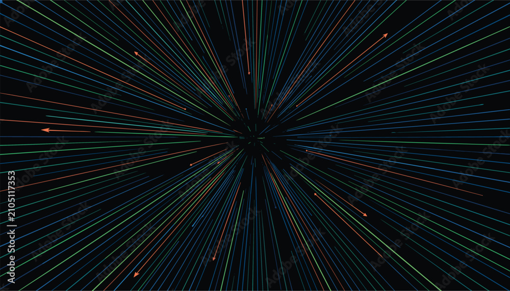 Obraz premium Futuristic starburst effect with multicolored lines and arrows radiating outward from the center on black background.