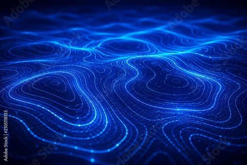 Abstract blue topographic map with glowing digital lines, futuristic data visualization background, neon light wave patterns for technology concepts