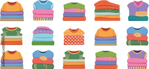 Folded clothes collection, colorful apparel stacks for laundry, wardrobe and fashion illustration design 