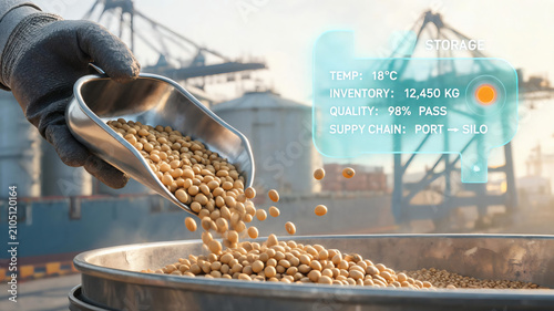 A Gloved Hand Scooping Soybeans At A Port Facility Overlaid With A Digital Holographic Display Showing Storage Data Like Temperature Inventory Weight And Quality Pass Rate Against A Background Of Indu