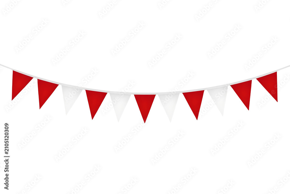 Fototapeta premium Red and white triangular bunting flags hanging for a festive party celebration or grand opening on a transparent background