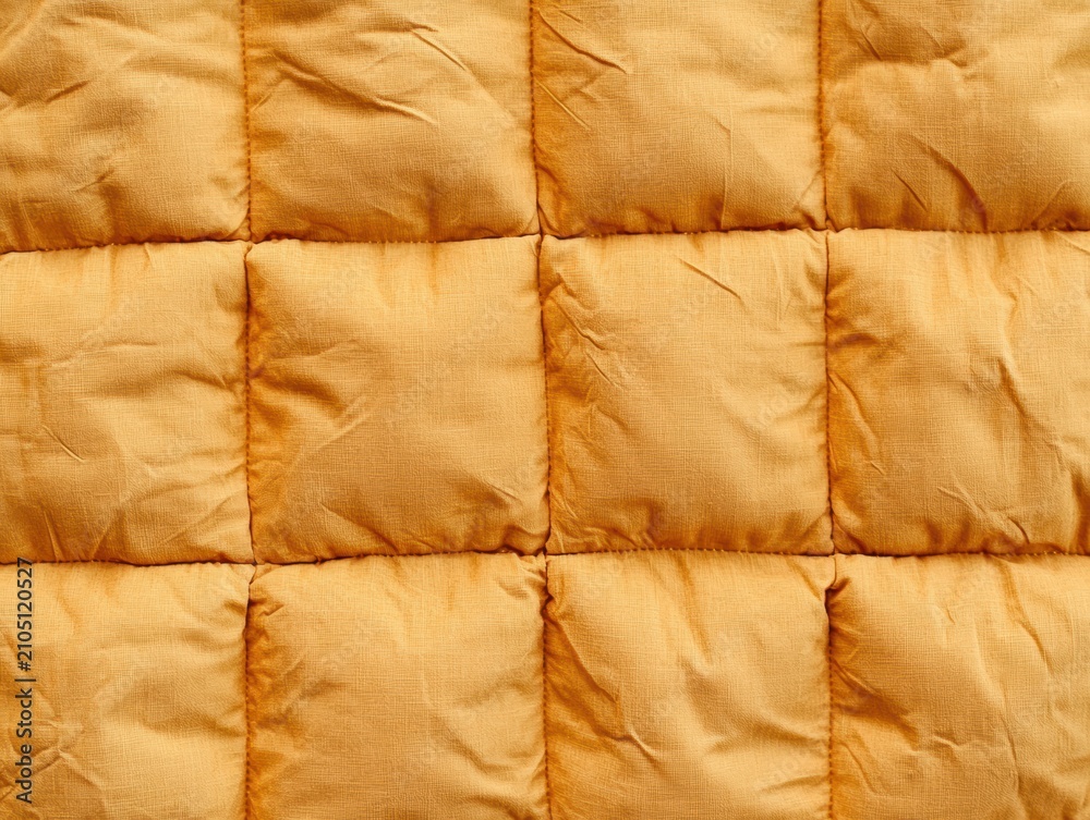 Obraz premium Close-up image of a textured, quilted fabric with a warm golden-brown color and visible creases.