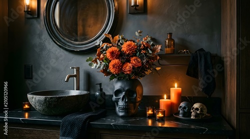 Halloween bathroom decor with skull vase and orange flowers