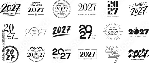 2027 Happy New Year badges and typographic emblems for holiday branding, party card, calendar, poster and promotional designs. Black vector logos isolated on white background.