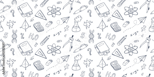 School seamless pattern with hand drawn doodle illustrations. Vector background with sketch style education symbols.